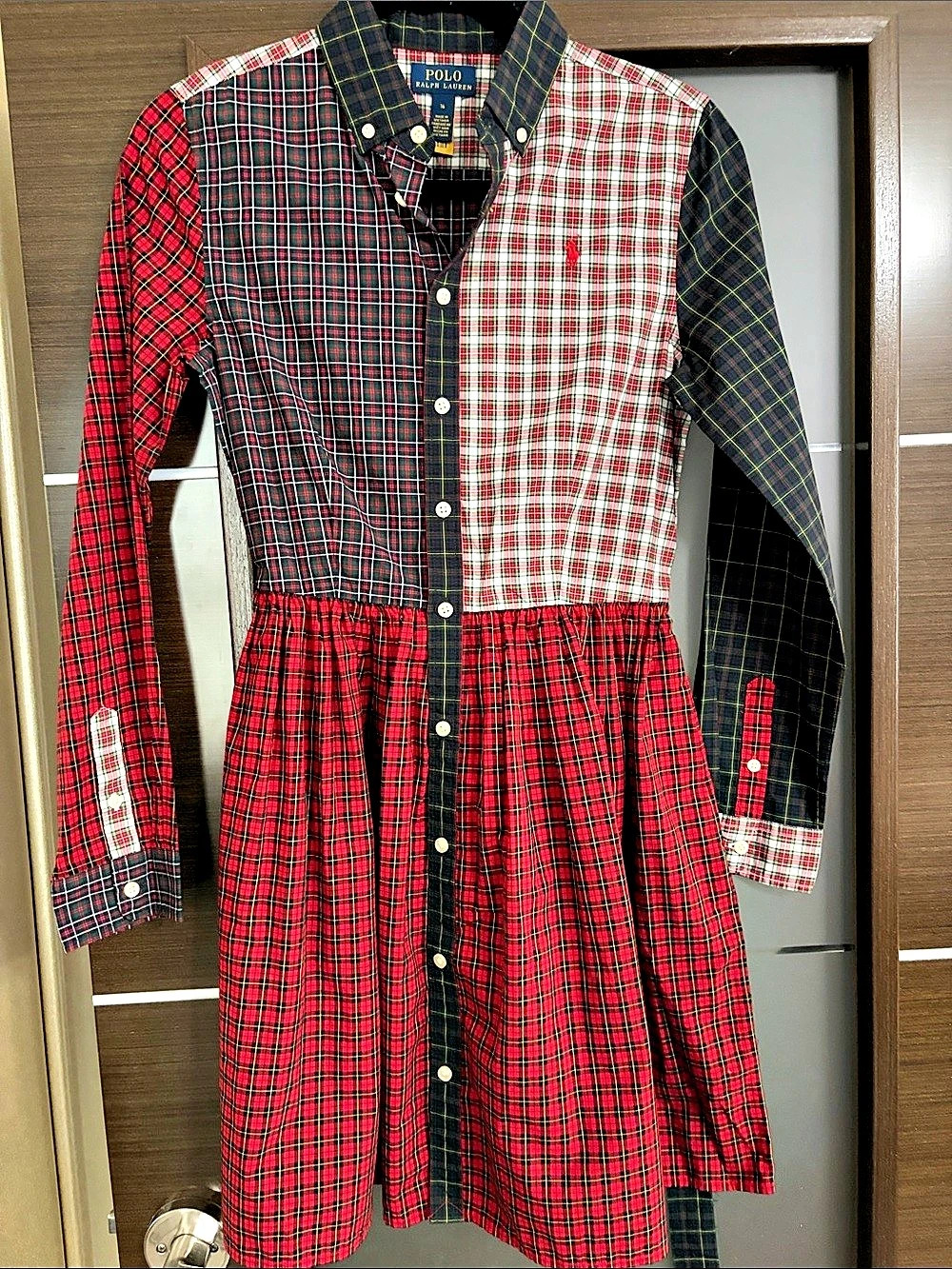Polo Ralph Lauren Girls Patchwork Plaid Holiday Shirt Dress Red & Black
